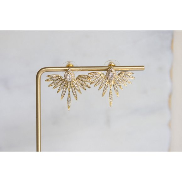 Diamond Ear Jacket Earrings Feather Front & Back Jacket Earrings Cubic Zirconia - Picture 4 of 5